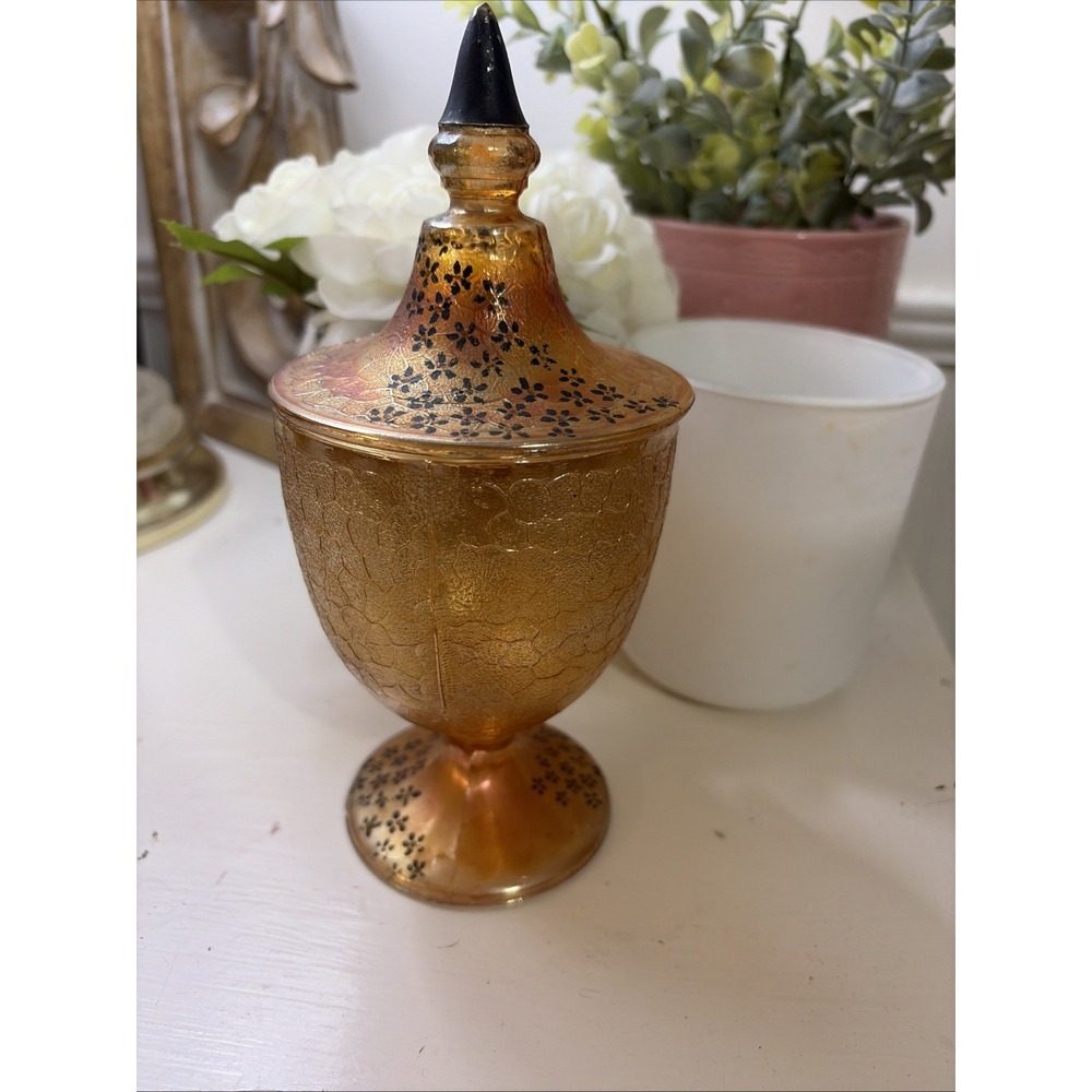 Vtg Marigold Glass Jeanette Crackle Candy Dish W/ Lid